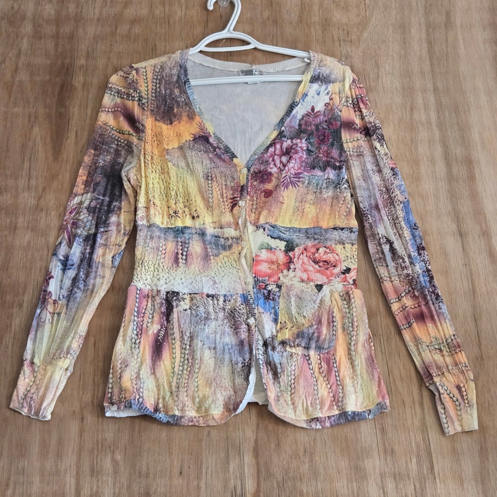 Alberto Makali Vintage Y2K Floral Patchwork Mesh Pleated Cardigan Top Size L